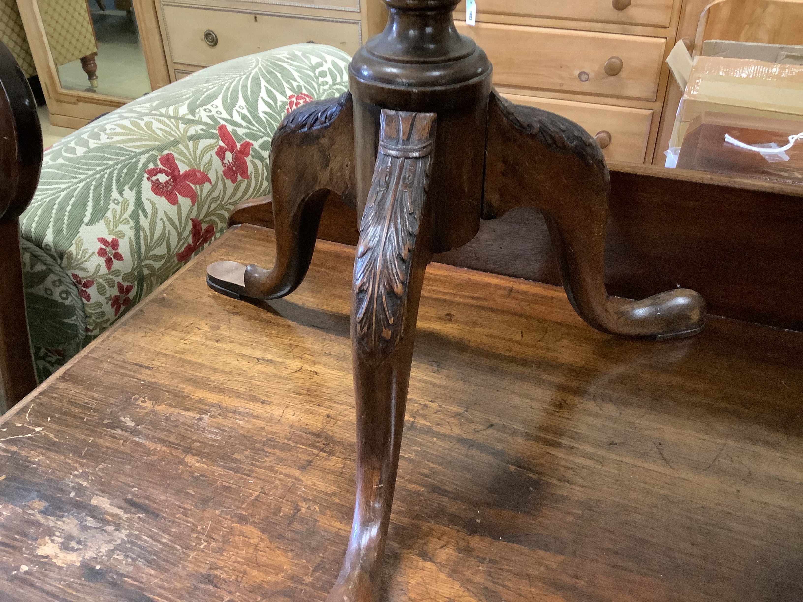 An octagonal mahogany wine / side table, width 40cm, height 74cm together with a mahogany wine table with shaped border
